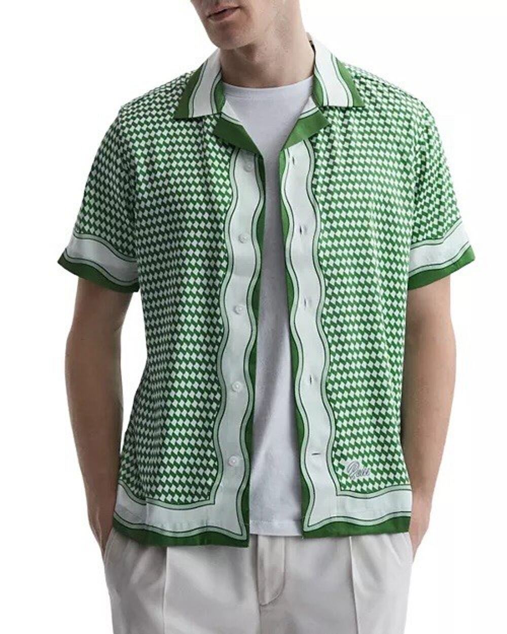 Reiss Men’s Cuban Collar Shirt Size Large White/Green